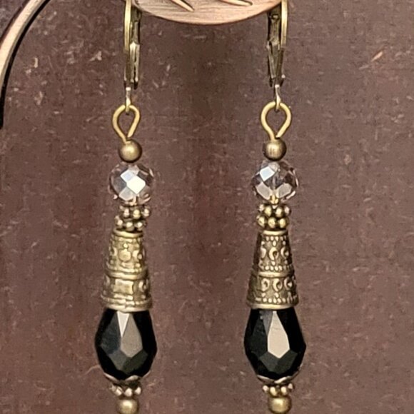 Black Smokey Crystal Teardrop Earrings, Etched Bronze Cone Lever Back Ear wires - Picture 8 of 8